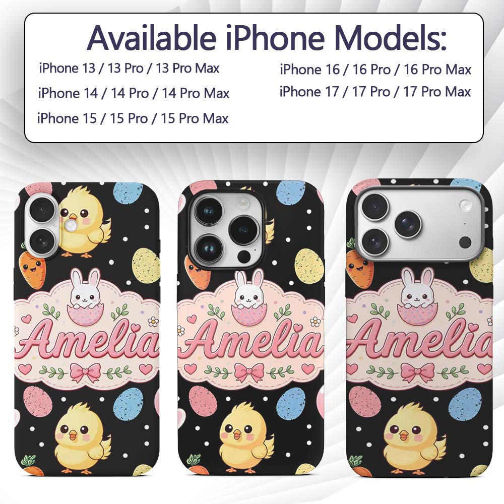Cute Easter Bunny Chick Egg Carrot Pastel Spring Custom Name Protective Phone Case Mobile Cover Durable Everyday Smartphone Shock Resistant