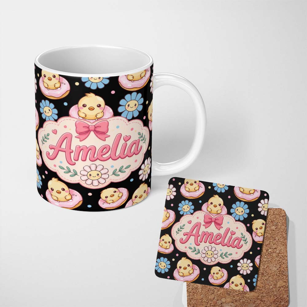 Personalized Custom Name Cute Chick Donut Flower Kawaii Spring Sweet Seamless Pattern Name 11oz Ceramic Coffee Tea Mug White Large Handle