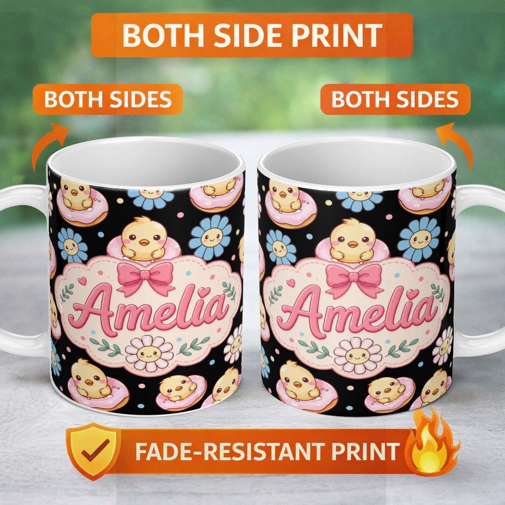 Personalized Custom Name Cute Chick Donut Flower Kawaii Spring Sweet Seamless Pattern Name 11oz Ceramic Coffee Tea Mug White Large Handle