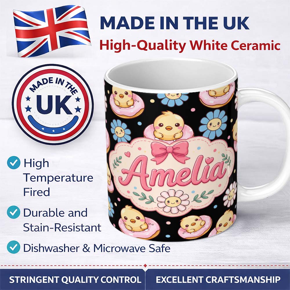 Personalized Custom Name Cute Chick Donut Flower Kawaii Spring Sweet Seamless Pattern Name 11oz Ceramic Coffee Tea Mug White Large Handle