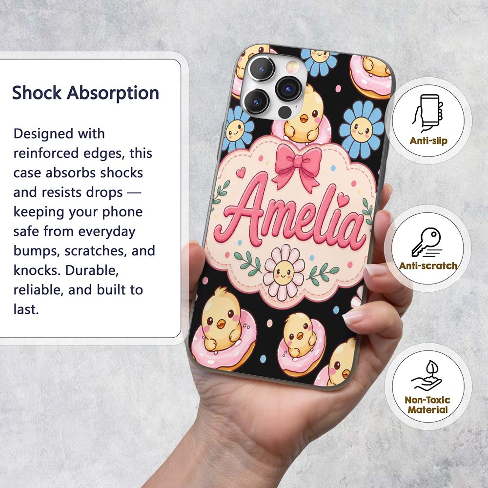 Cute Chick Donut Flower Kawaii Printed Design Custom Name Protective Phone Case Mobile Cover Durable Everyday Smartphone Shock Resistant