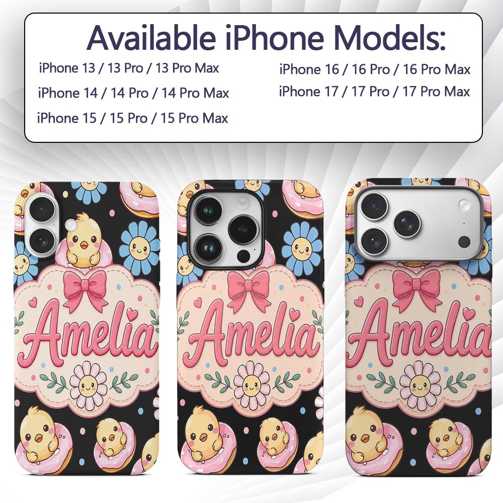 Cute Chick Donut Flower Kawaii Printed Design Custom Name Protective Phone Case Mobile Cover Durable Everyday Smartphone Shock Resistant