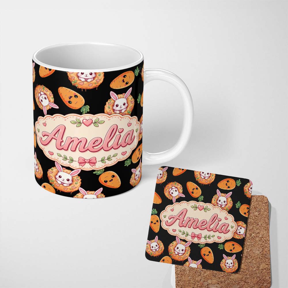 Personalized Custom Name Cute Bunny Carrot Donut Kawaii Easter Sweet Seamless Pattern Name 11oz Ceramic Coffee Tea Mug White Large Handle