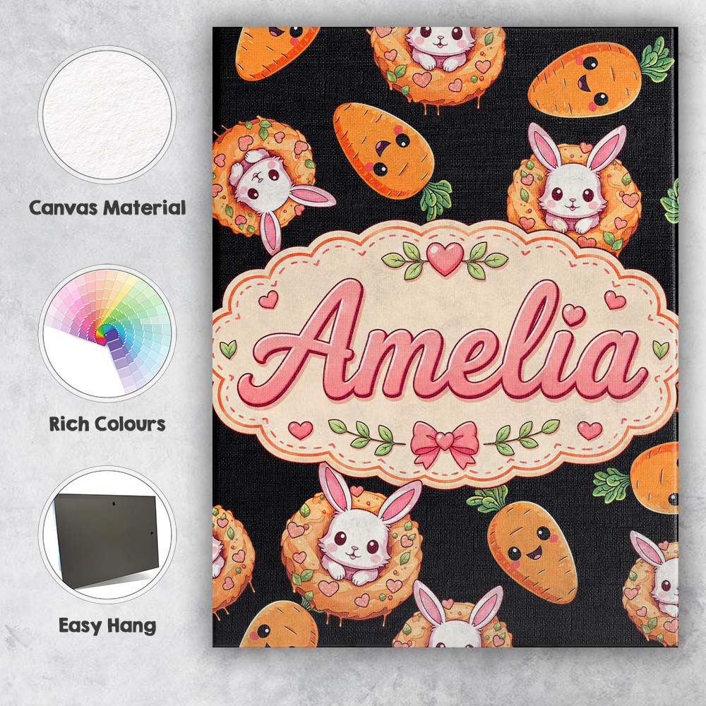 Personalised Name Cute Bunny Carrot Donut Custom Unique Gift Idea Elegant Feature Canvas Wall Art Print Decor Picture Ready to Hang