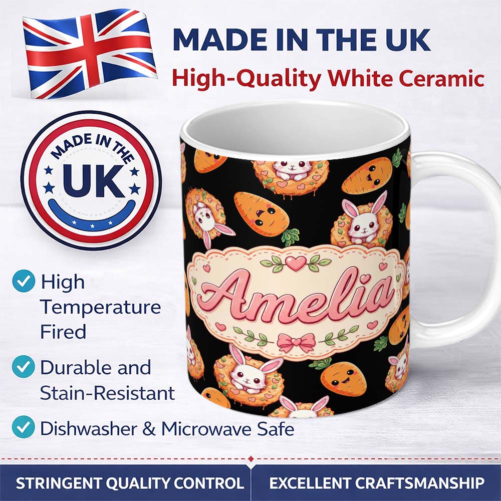 Personalized Custom Name Cute Bunny Carrot Donut Kawaii Easter Sweet Seamless Pattern Name 11oz Ceramic Coffee Tea Mug White Large Handle