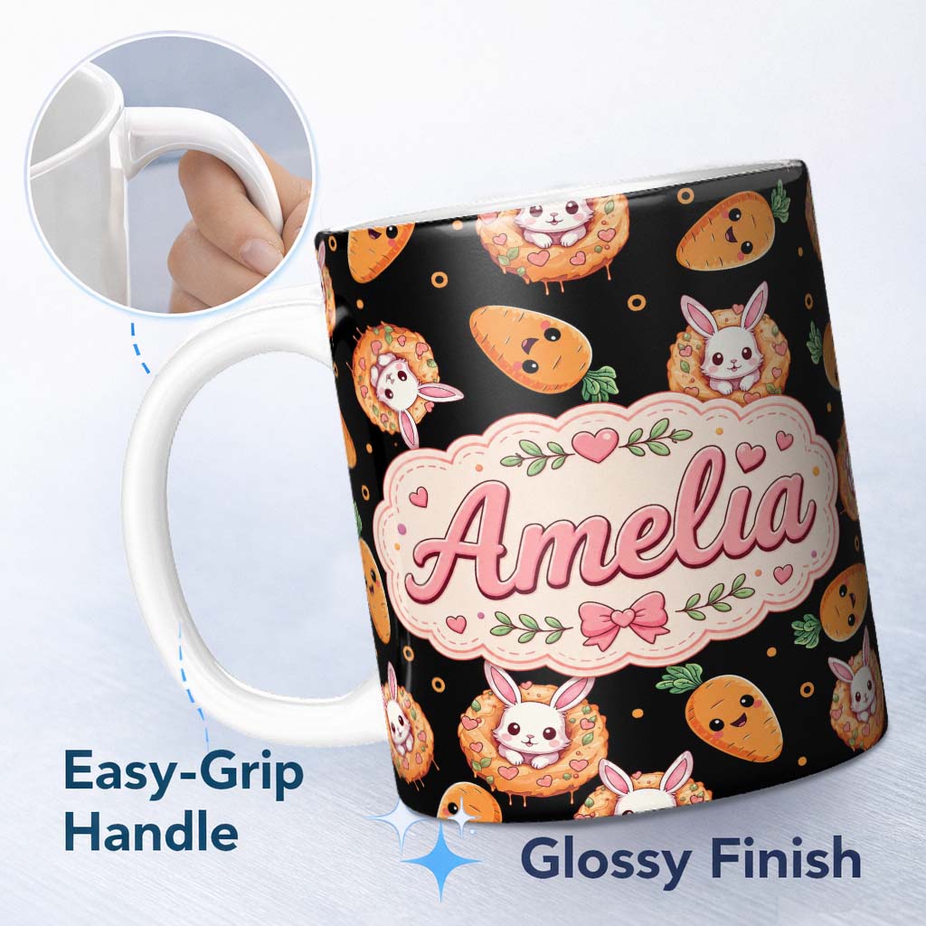 Personalized Custom Name Cute Bunny Carrot Donut with Dots Easter Sweet Seamless Pattern Name 11oz Ceramic Coffee Tea Mug White Large Handle