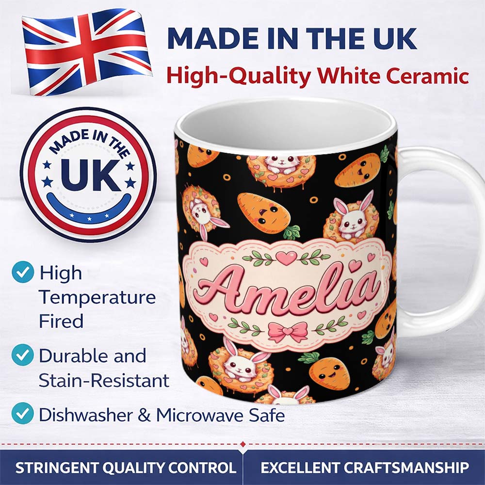 Personalized Custom Name Cute Bunny Carrot Donut with Dots Easter Sweet Seamless Pattern Name 11oz Ceramic Coffee Tea Mug White Large Handle