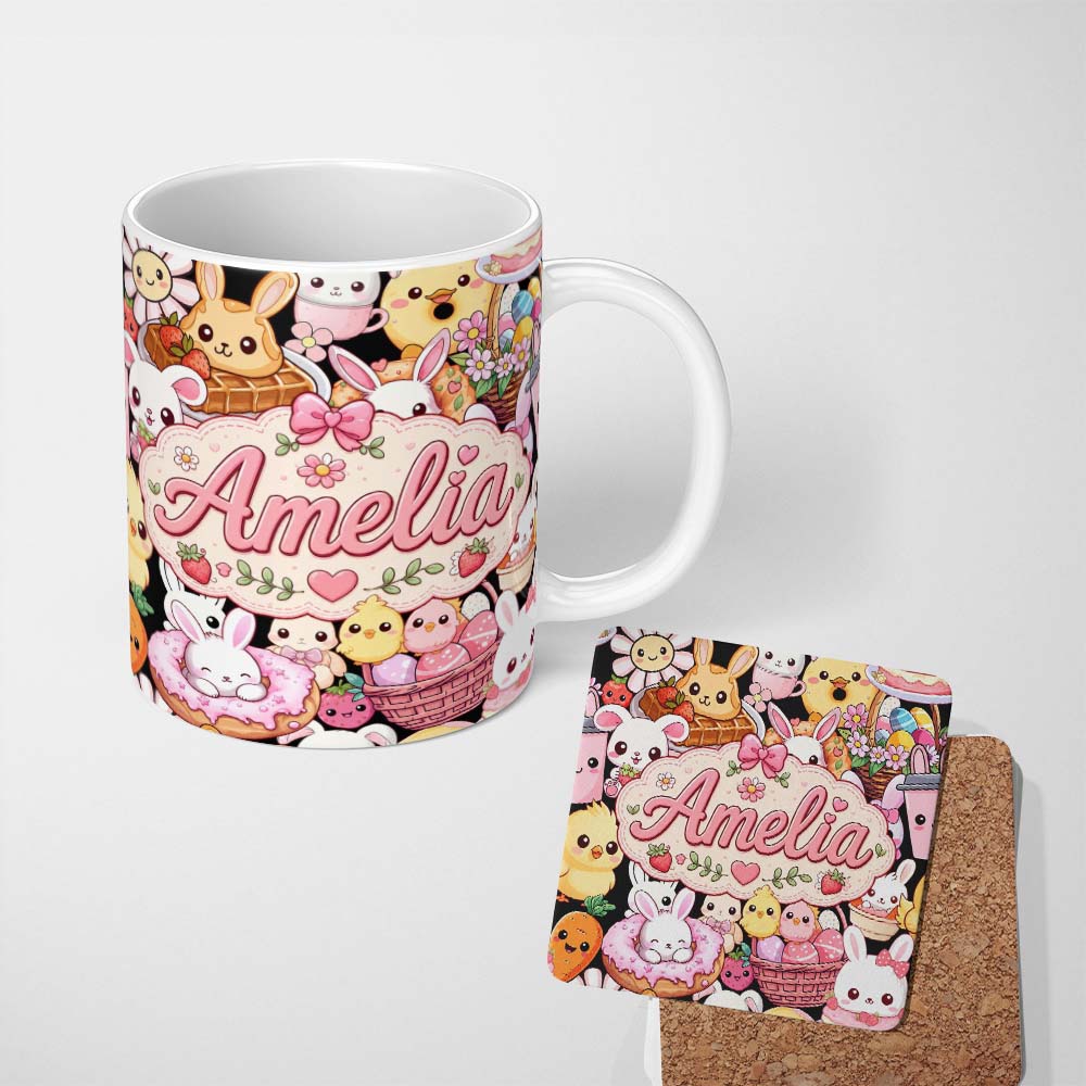 Personalized Custom Name Cute Easter Bunny Chick Basket Egg Sweet Kawaii Seamless Pattern 11oz Ceramic Coffee Tea Mug White Large Handle