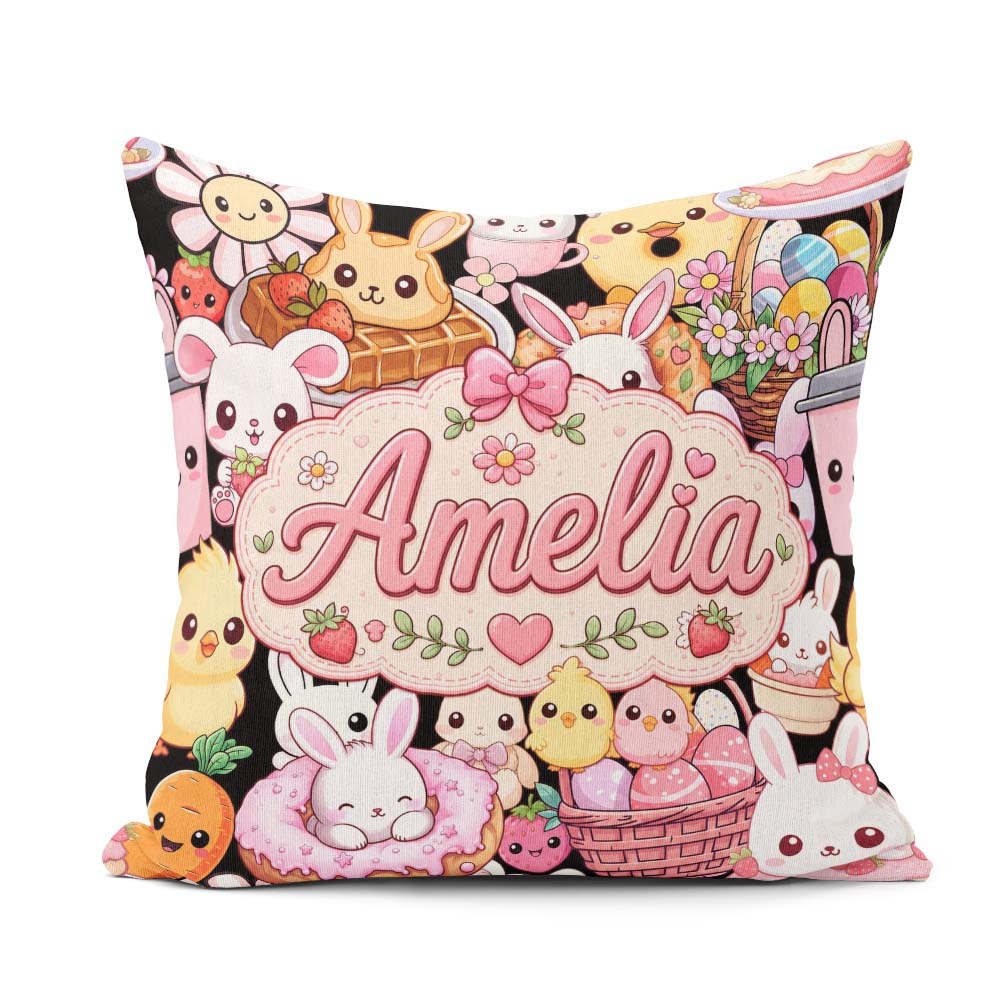 Custom Name Easter Bunny Chick Basket Egg Sweet Seamless Pattern Square Filled Cushion Throw Pillow Sofa Bed Home Decor Zip Washable UK Made