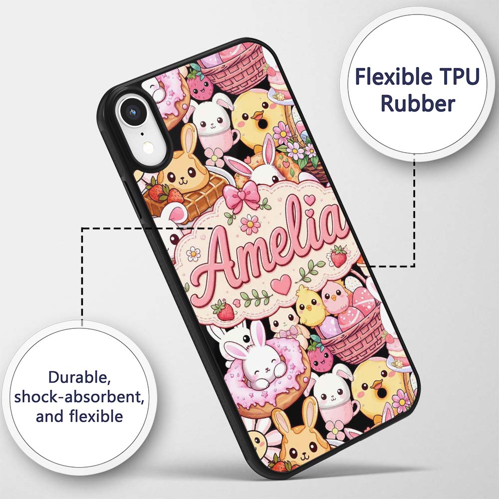 Cute Easter Bunny Chick Basket Egg Sweet Kawaii Custom Name Protective Phone Case Mobile Cover Durable Everyday Smartphone Shock Resistant