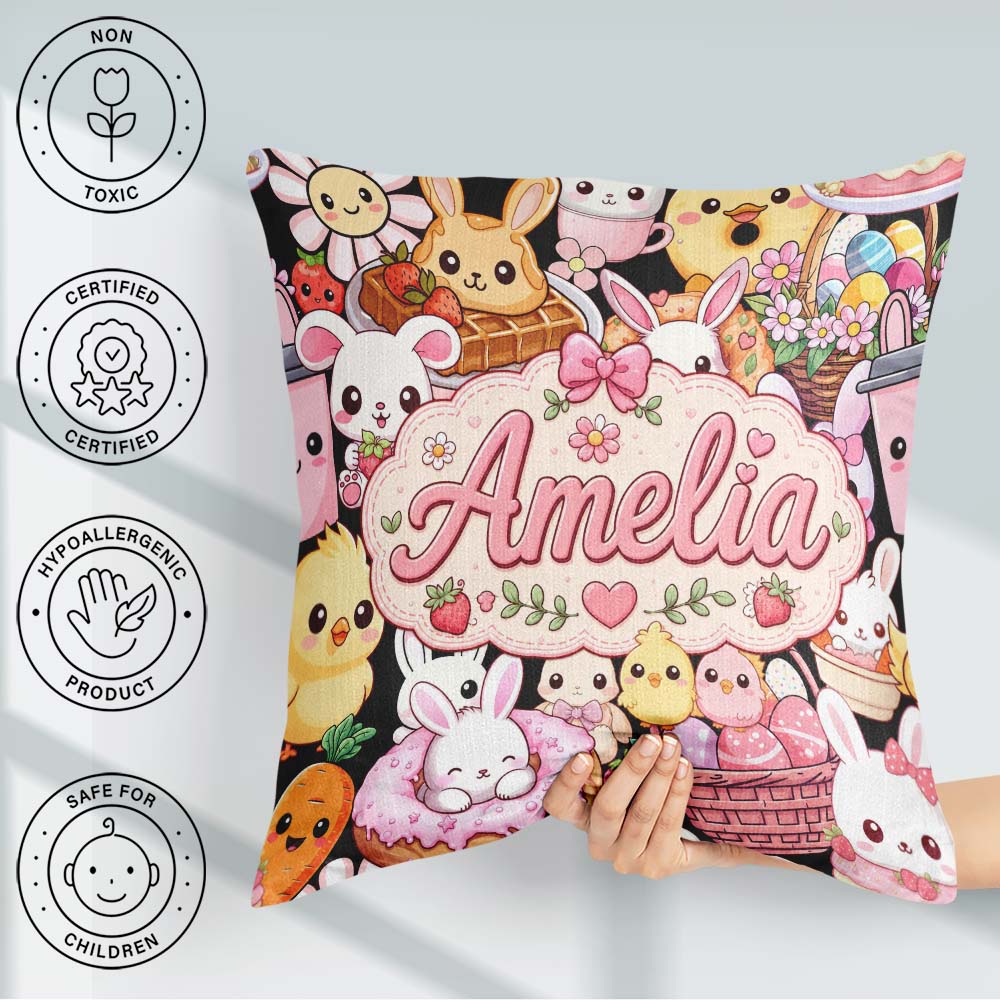 Custom Name Easter Bunny Chick Basket Egg Sweet Seamless Pattern Square Filled Cushion Throw Pillow Sofa Bed Home Decor Zip Washable UK Made