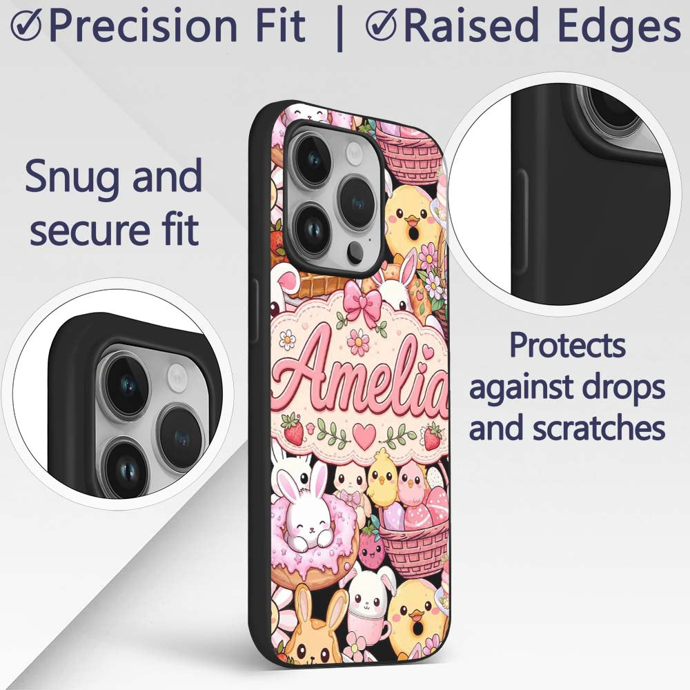 Cute Easter Bunny Chick Basket Egg Sweet Kawaii Custom Name Protective Phone Case Mobile Cover Durable Everyday Smartphone Shock Resistant