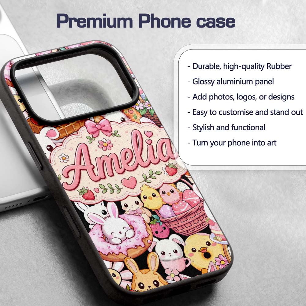 Cute Easter Bunny Chick Basket Egg Sweet Kawaii Custom Name Protective Phone Case Mobile Cover Durable Everyday Smartphone Shock Resistant
