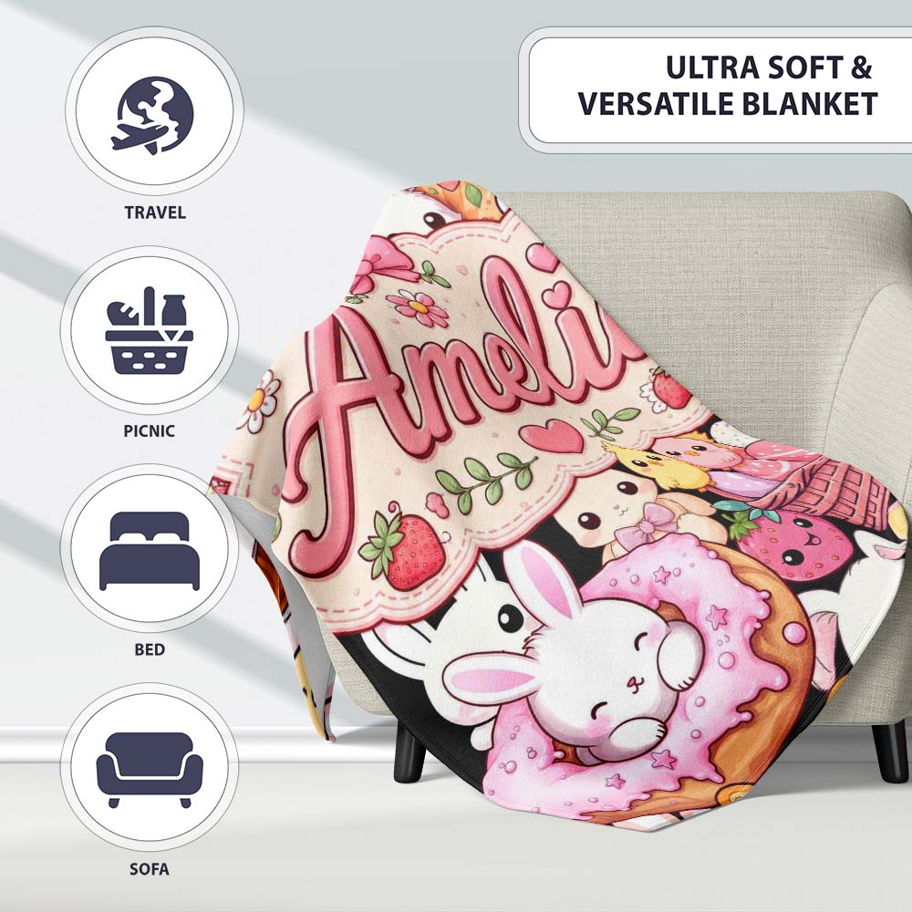 Cute Easter Bunny Chick Basket Egg Sweet Kawaii Seamless Pattern Personalised Custom Name Super Soft Fleece Blanket Bed Sofa Throw