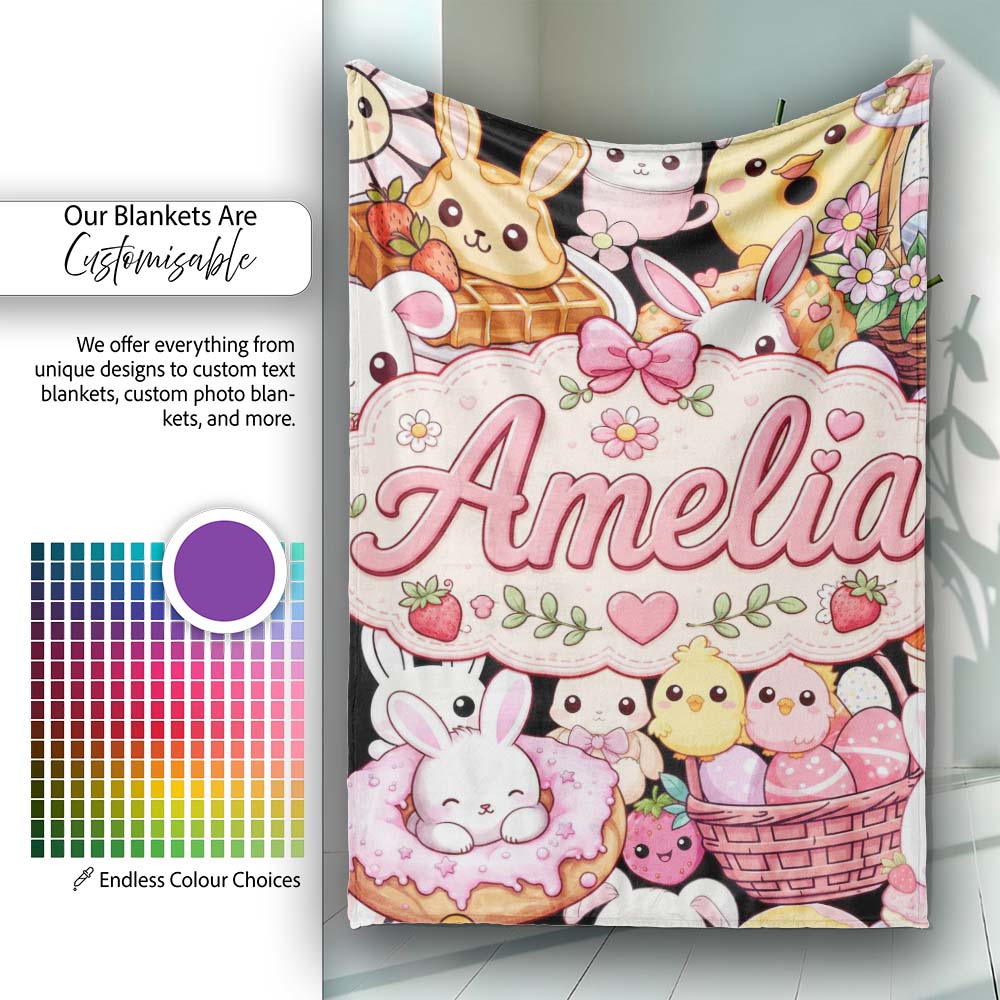 Cute Easter Bunny Chick Basket Egg Sweet Kawaii Seamless Pattern Personalised Custom Name Super Soft Fleece Blanket Bed Sofa Throw