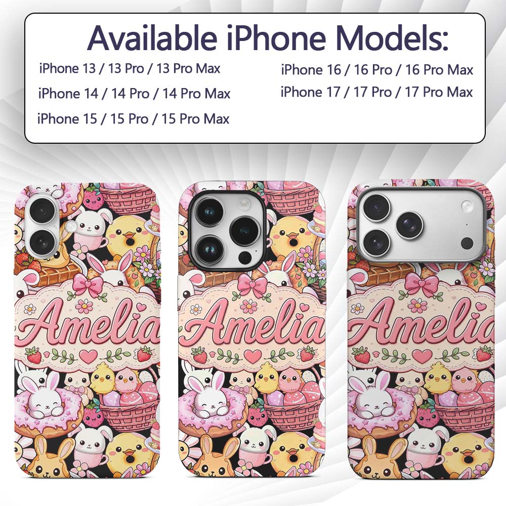 Cute Easter Bunny Chick Basket Egg Sweet Kawaii Custom Name Protective Phone Case Mobile Cover Durable Everyday Smartphone Shock Resistant