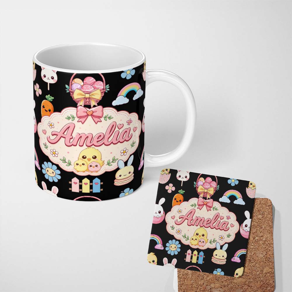 Personalized Custom Name Cute Easter Chick Bunny Flower Fence Pastel Seamless Pattern Name 11oz Ceramic Coffee Tea Mug White Large Handle