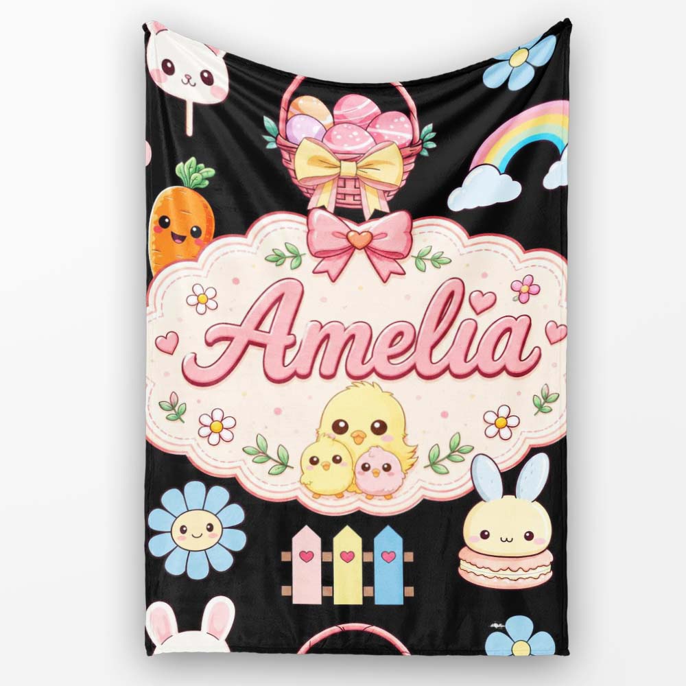 Cute Easter Chick Bunny Flower Fence Pastel Seamless Pattern Name Personalised Custom Name Super Soft Fleece Blanket Bed Sofa Throw