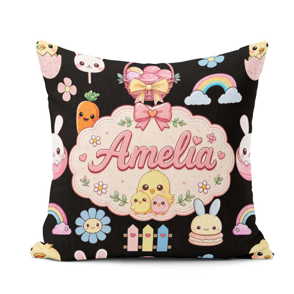 Custom Name Easter Chick Bunny Flower Fence Pastel Seamless Name Square Filled Cushion Throw Pillow Sofa Bed Home Decor Zip Washable UK Made