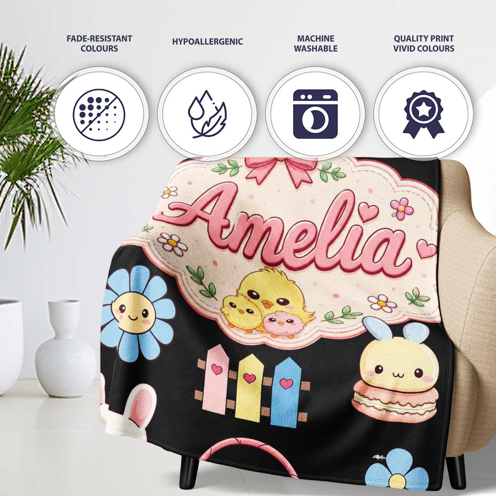 Cute Easter Chick Bunny Flower Fence Pastel Seamless Pattern Name Personalised Custom Name Super Soft Fleece Blanket Bed Sofa Throw