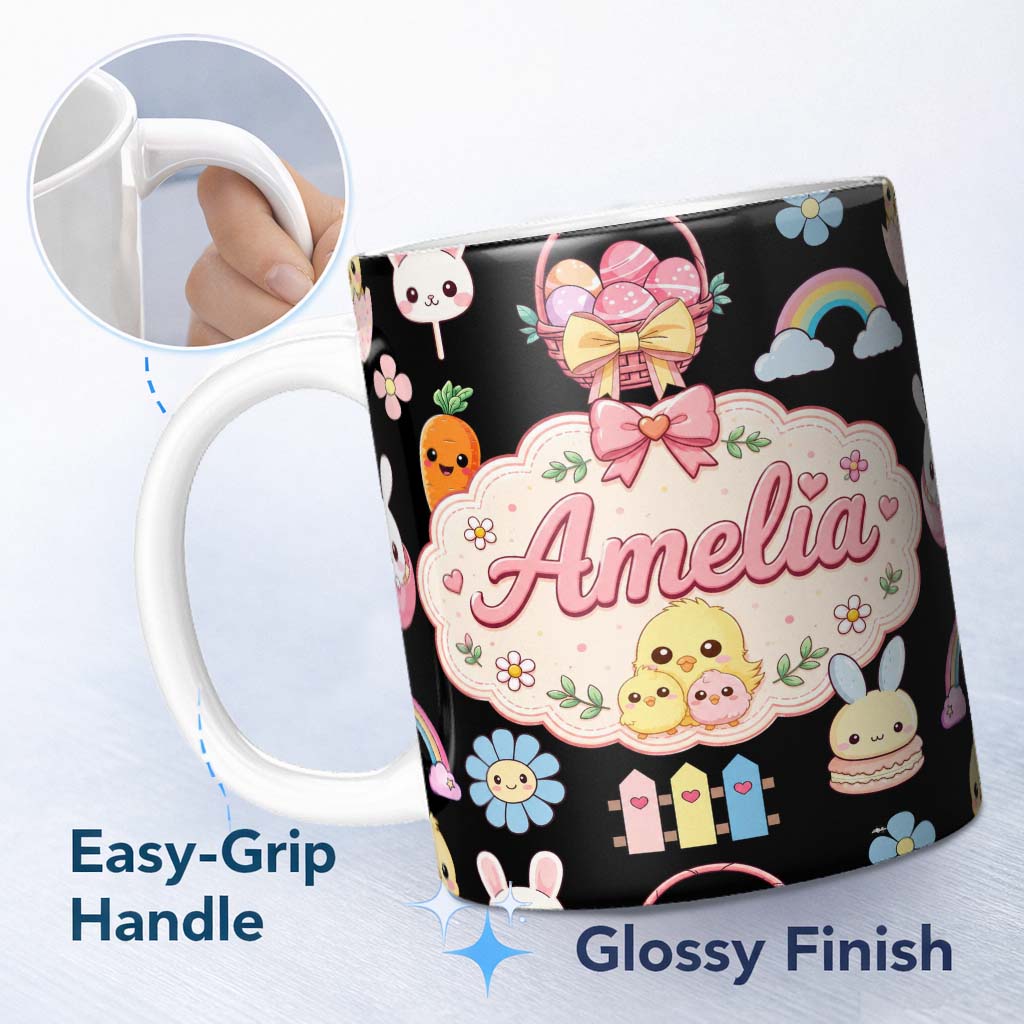 Personalized Custom Name Cute Easter Chick Bunny Flower Fence Pastel Seamless Pattern Name 11oz Ceramic Coffee Tea Mug White Large Handle