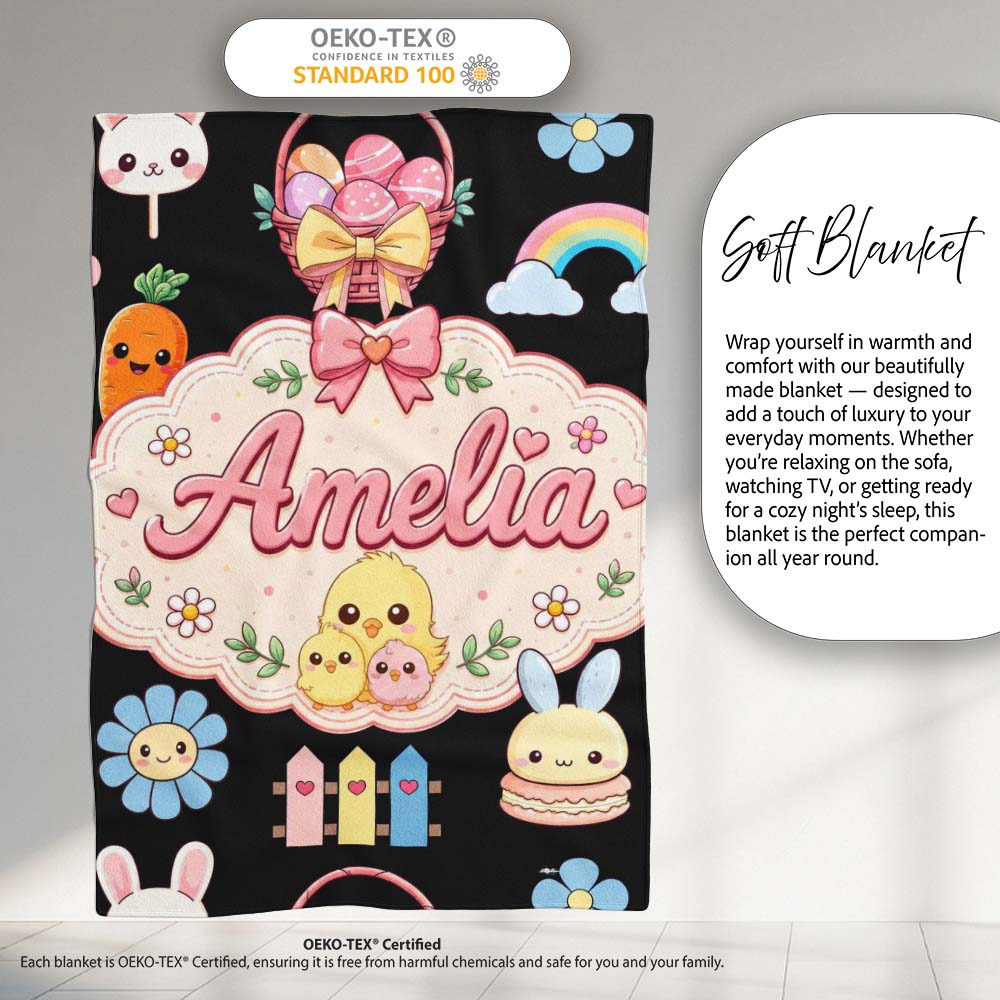 Cute Easter Chick Bunny Flower Fence Pastel Seamless Pattern Name Personalised Custom Name Super Soft Fleece Blanket Bed Sofa Throw