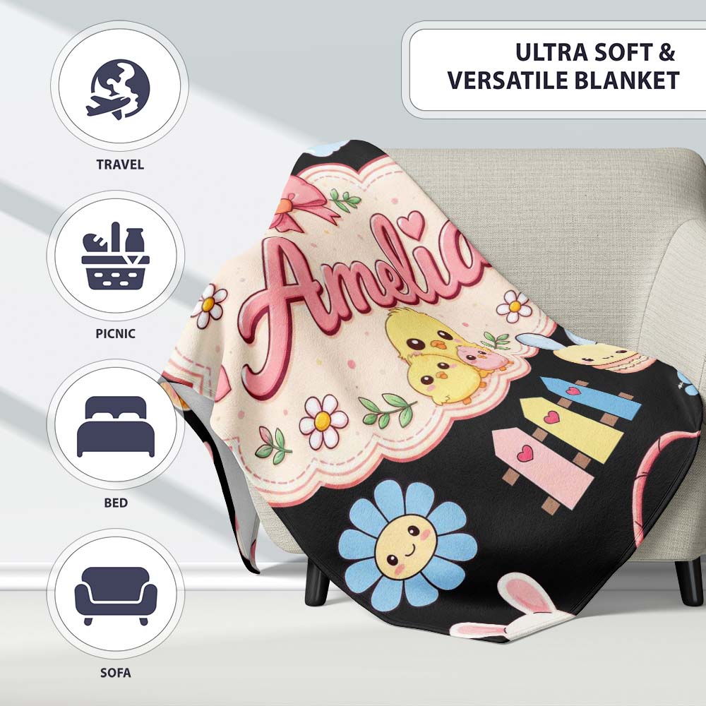 Cute Easter Chick Bunny Flower Fence Pastel Seamless Pattern Name Personalised Custom Name Super Soft Fleece Blanket Bed Sofa Throw