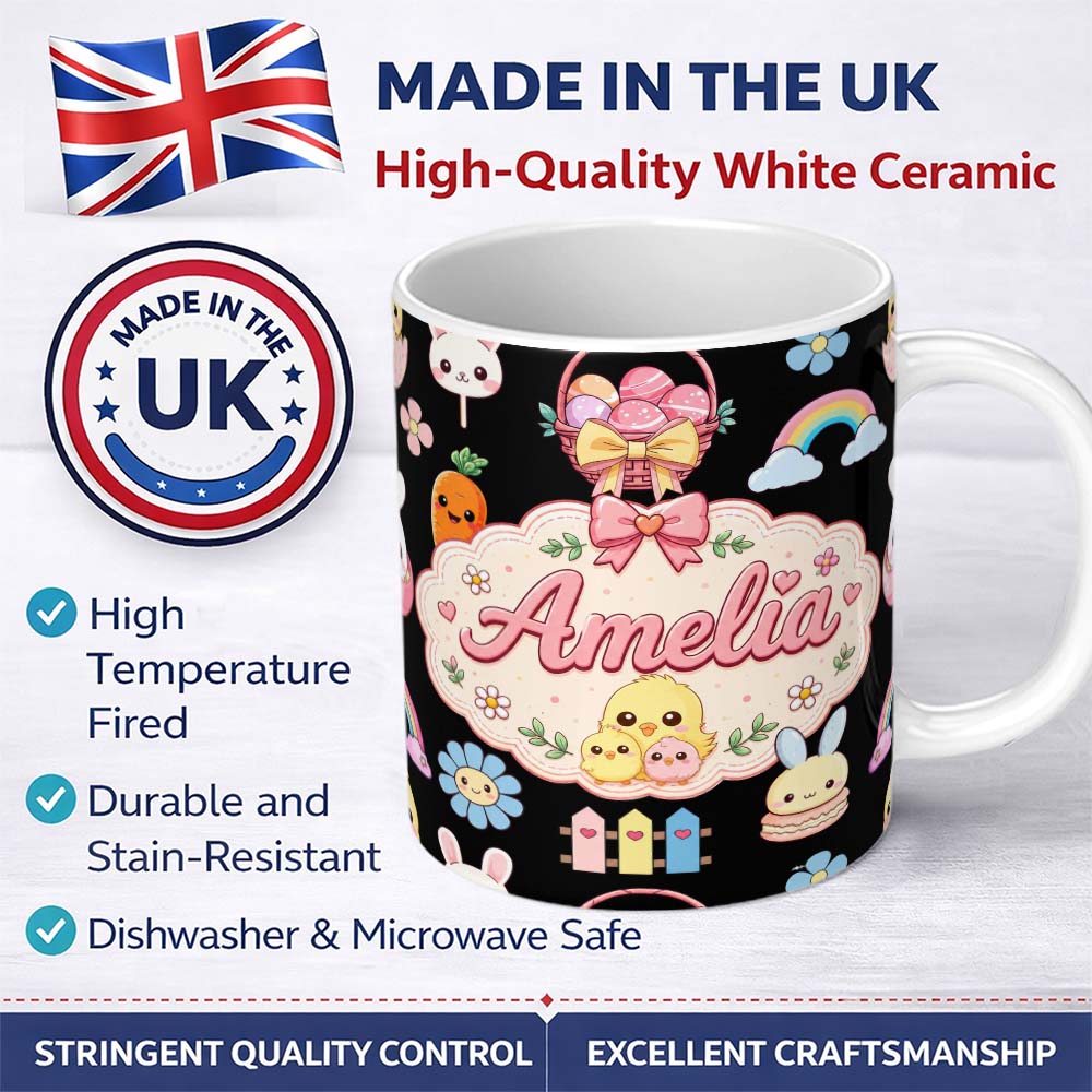 Personalized Custom Name Cute Easter Chick Bunny Flower Fence Pastel Seamless Pattern Name 11oz Ceramic Coffee Tea Mug White Large Handle