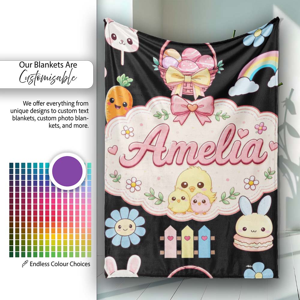 Cute Easter Chick Bunny Flower Fence Pastel Seamless Pattern Name Personalised Custom Name Super Soft Fleece Blanket Bed Sofa Throw