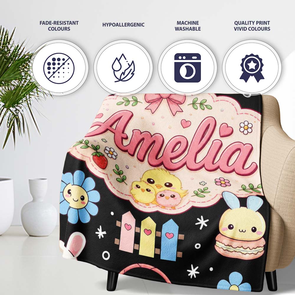 Cute Bunny Donut Popsicle Sweet Dessert Kawaii Seamless Pattern Name Personalised Custom Name Super Soft Fleece Blanket Bed Sofa Throw