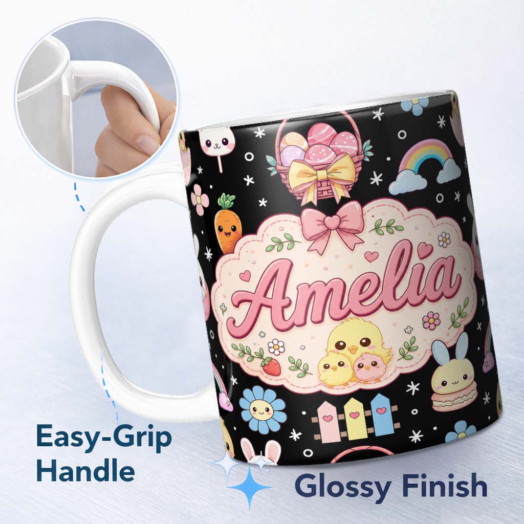 Personalized Custom Name Cute Bunny Donut Popsicle Sweet Dessert Kawaii Seamless Pattern Name 11oz Ceramic Coffee Tea Mug White Large Handle