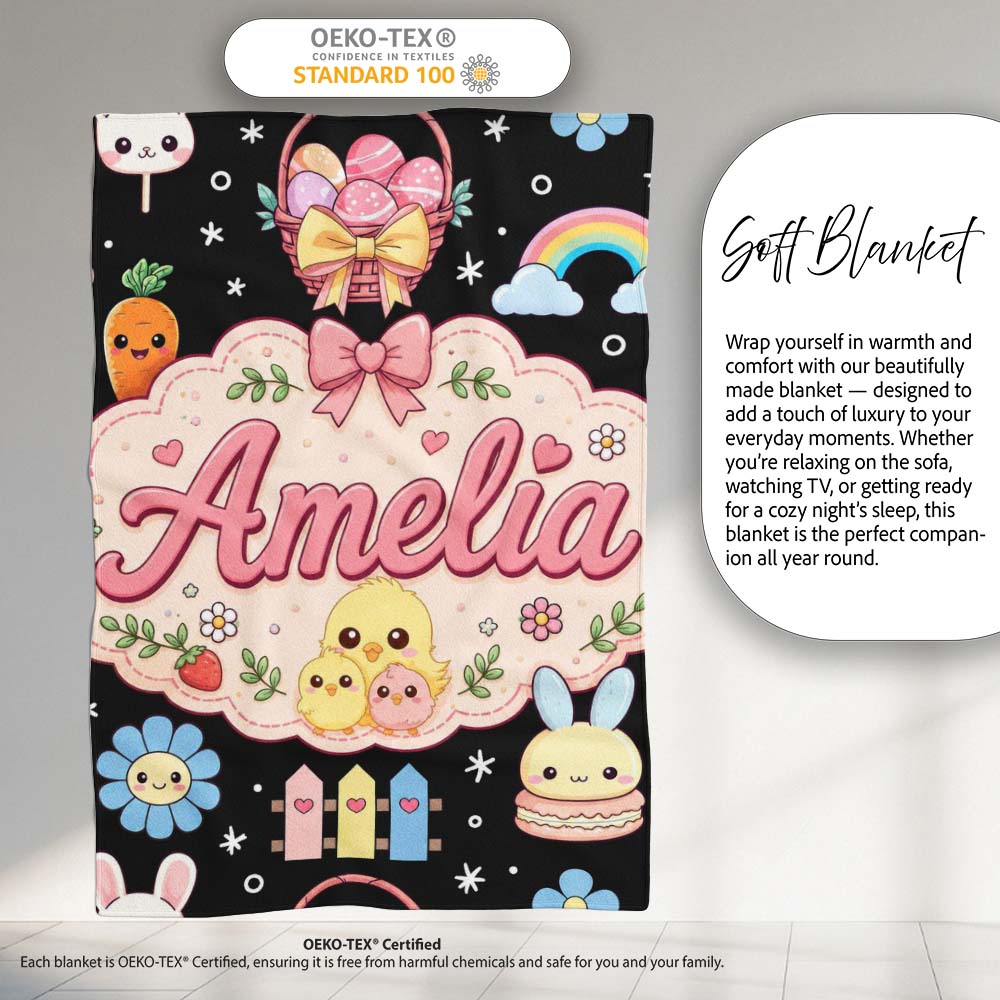Cute Bunny Donut Popsicle Sweet Dessert Kawaii Seamless Pattern Name Personalised Custom Name Super Soft Fleece Blanket Bed Sofa Throw