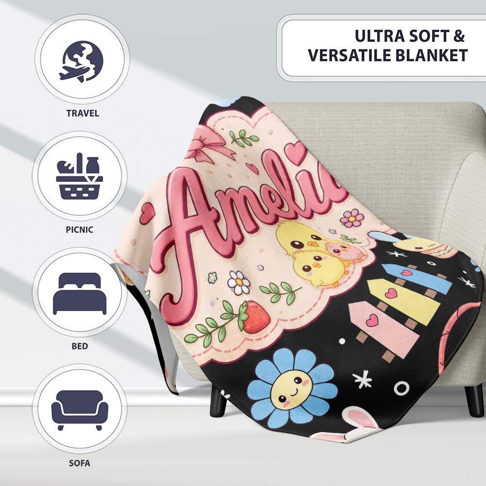 Cute Bunny Donut Popsicle Sweet Dessert Kawaii Seamless Pattern Name Personalised Custom Name Super Soft Fleece Blanket Bed Sofa Throw