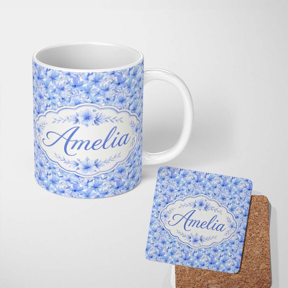 Personalized Custom Name Blue Watercolor Floral Dense Seamless Pattern Elegant Botanical 11oz Ceramic Coffee Tea Mug White Large Handle