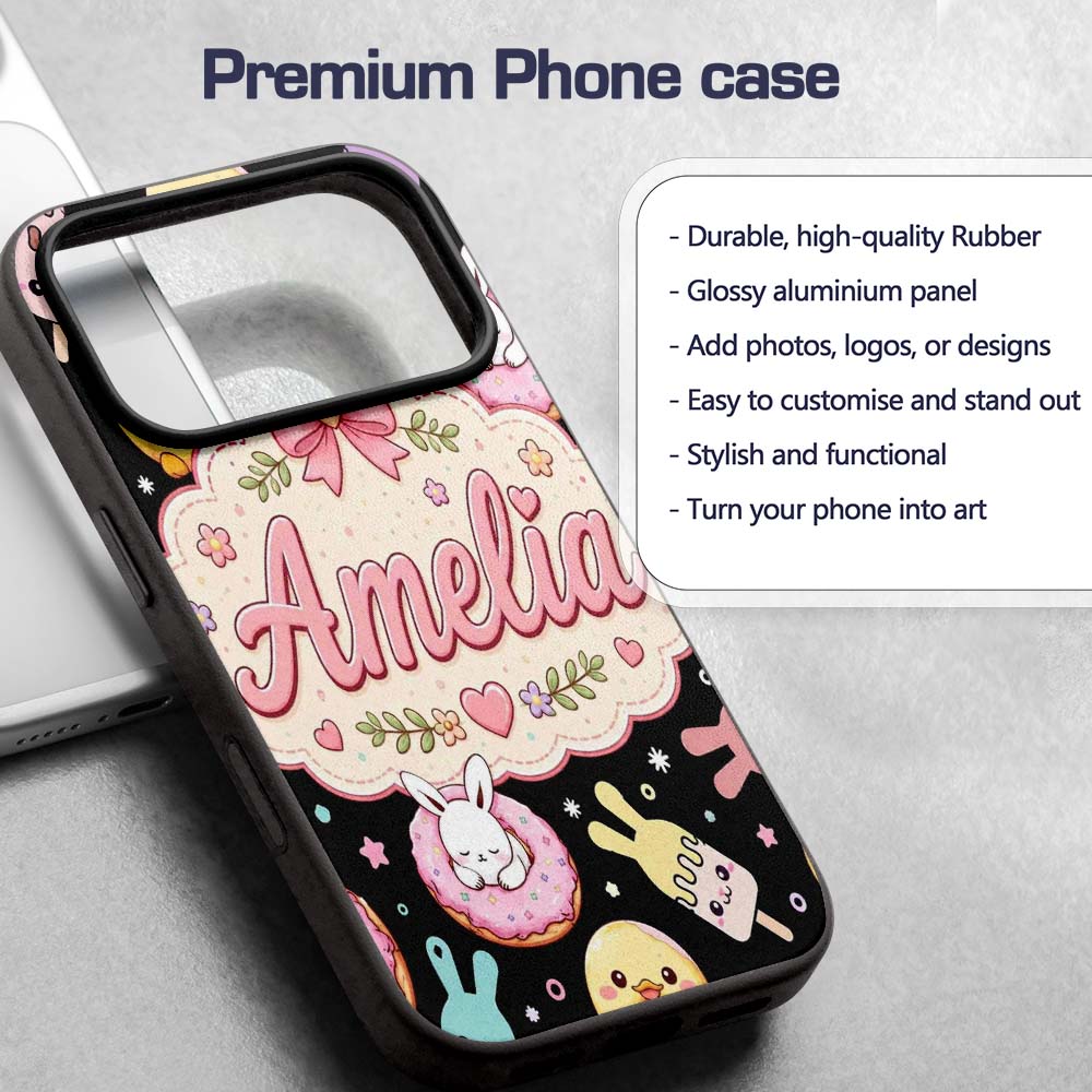 Cute Bunny Ice Cream Donut Dessert Sweet Kawaii Custom Name Protective Phone Case Mobile Cover Durable Everyday Smartphone Shock Resistant