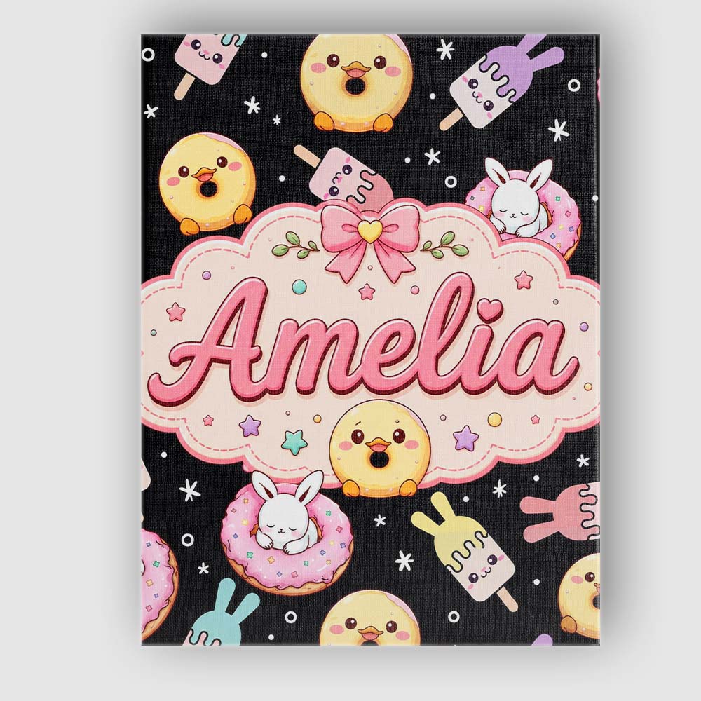 Personalised Name Cute Bunny Popsicle Donut Custom Bespoke Interior Contemporary Canvas Wall Art Print Decor Picture Ready to Hang