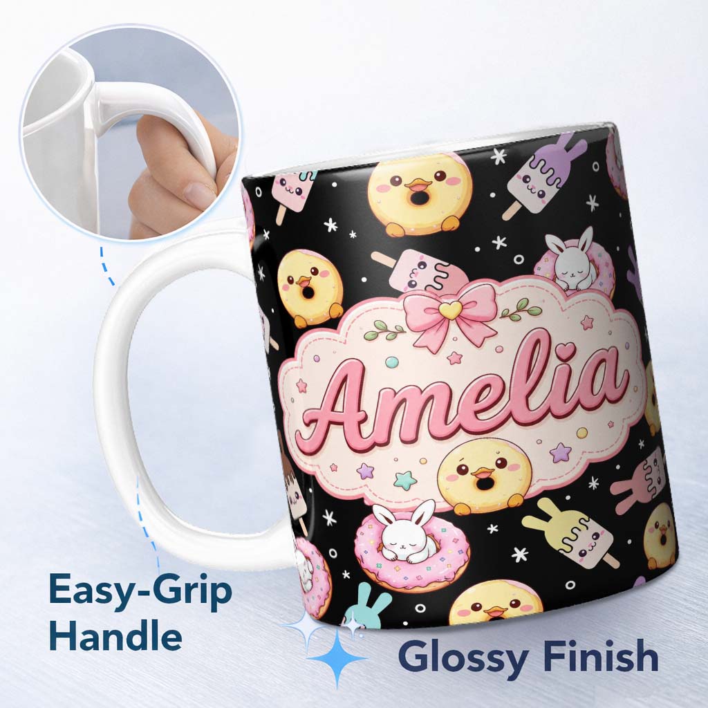 Personalized Custom Name Cute Bunny Popsicle Donut Chick Kawaii Dessert Easter Seamless 11oz Ceramic Coffee Tea Mug White Large Handle