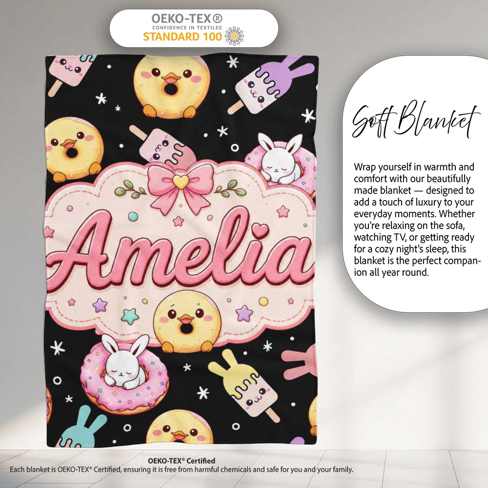 Cute Bunny Popsicle Donut Chick Kawaii Dessert Easter Seamless Personalised Custom Name Super Soft Fleece Blanket Bed Sofa Throw