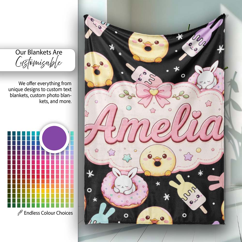 Cute Bunny Popsicle Donut Chick Kawaii Dessert Easter Seamless Personalised Custom Name Super Soft Fleece Blanket Bed Sofa Throw
