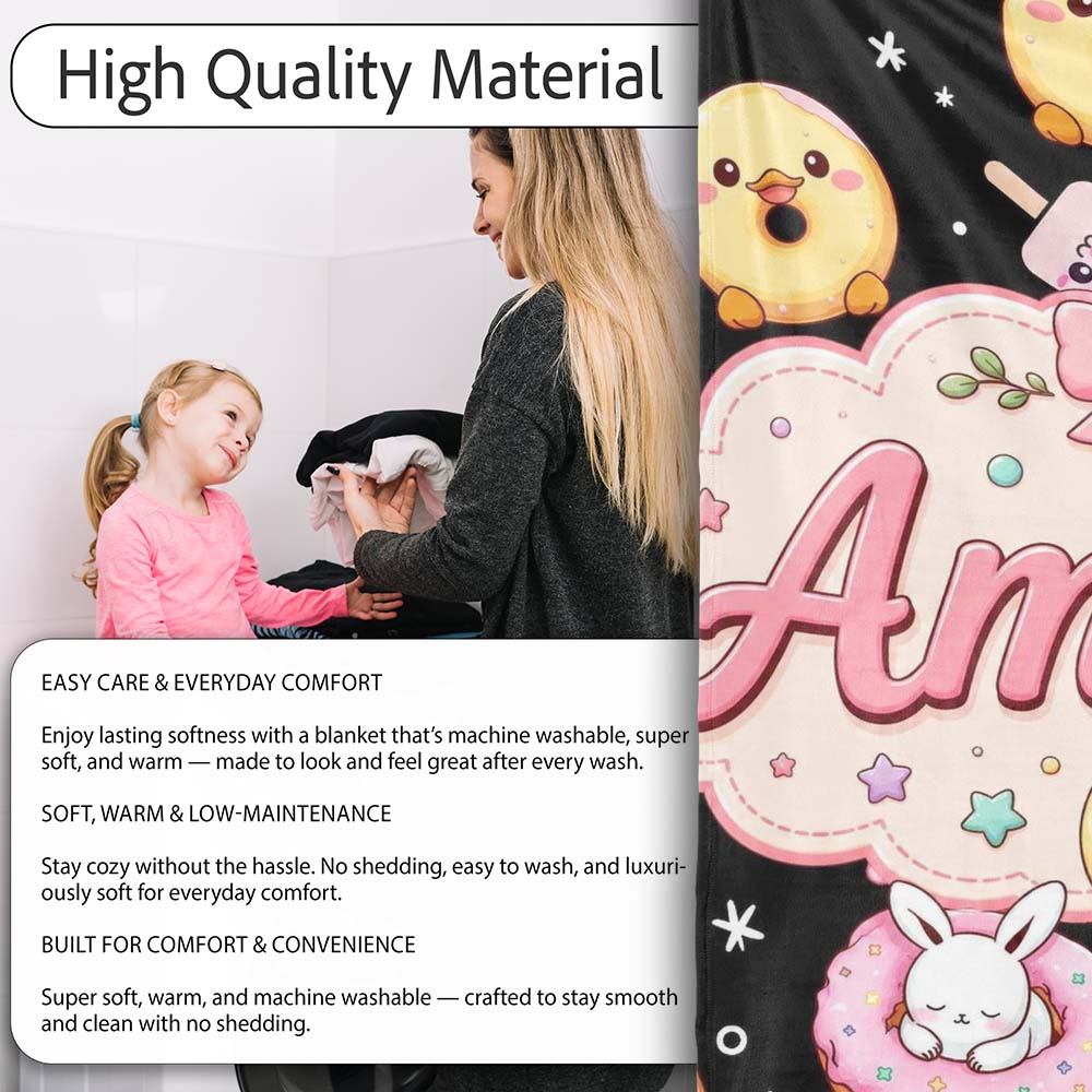 Cute Bunny Popsicle Donut Chick Kawaii Dessert Easter Seamless Personalised Custom Name Super Soft Fleece Blanket Bed Sofa Throw