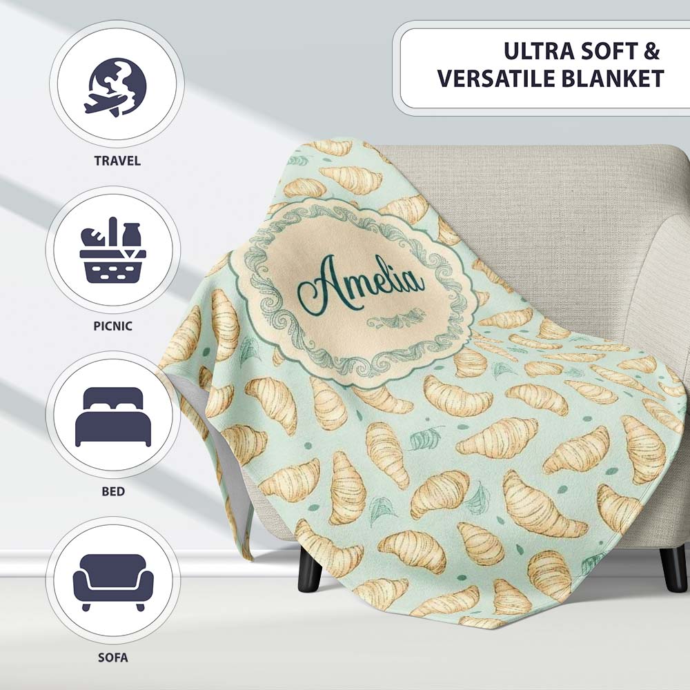 Minimal Line Art Croissant Pattern Soft Green Background Modern Personalised Custom Name Super Soft Fleece Blanket Bed Sofa Throw