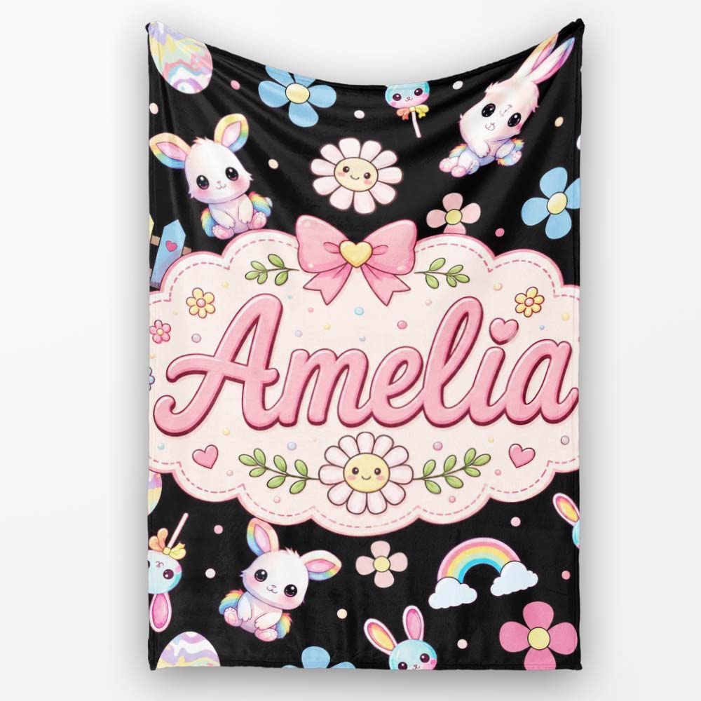 Cute Rainbow Bunny Flowers Eggs Pastel Spring Easter Seamless Personalised Custom Name Super Soft Fleece Blanket Bed Sofa Throw