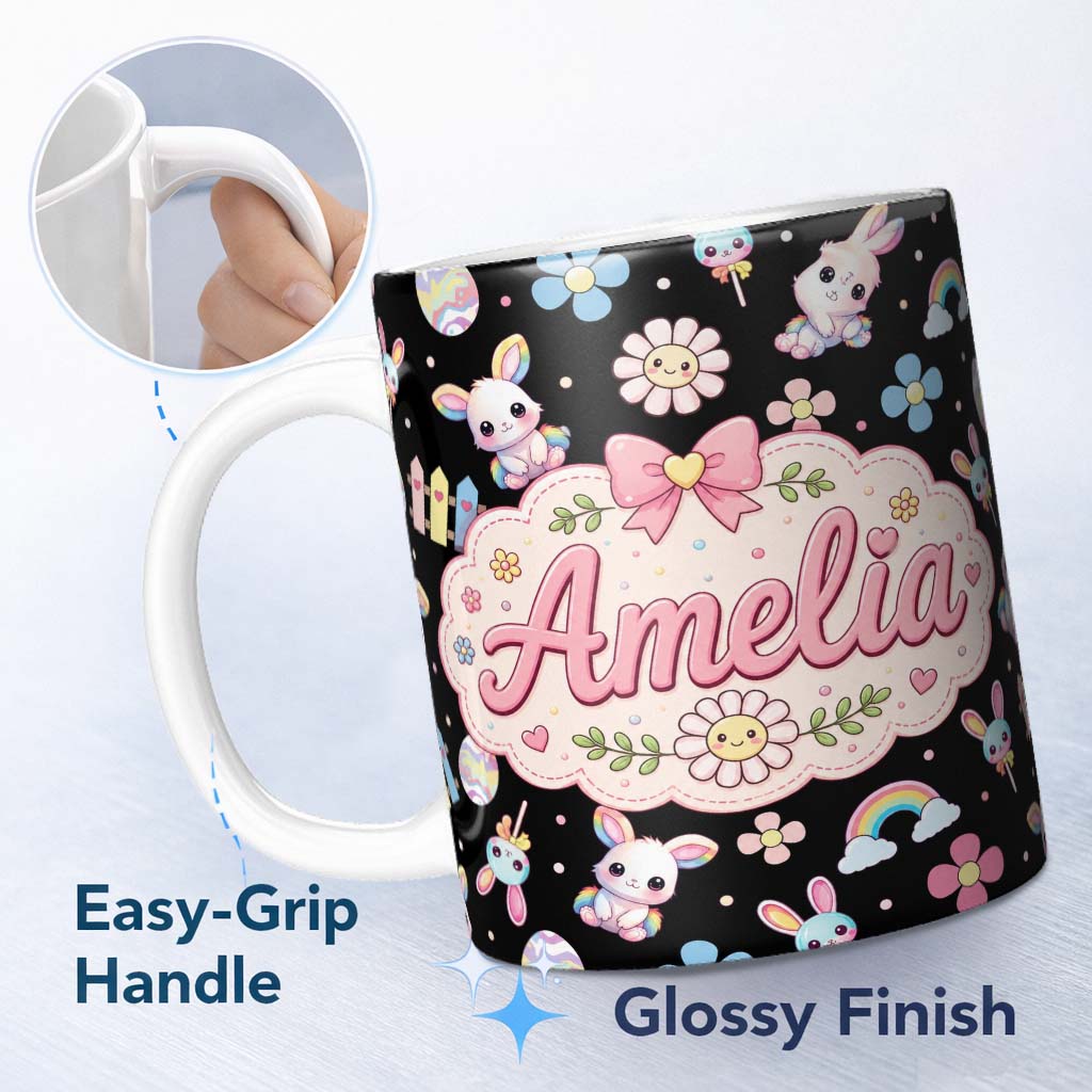 Personalized Custom Name Cute Rainbow Bunny Flowers Eggs Pastel Spring Easter Seamless 11oz Ceramic Coffee Tea Mug White Large Handle