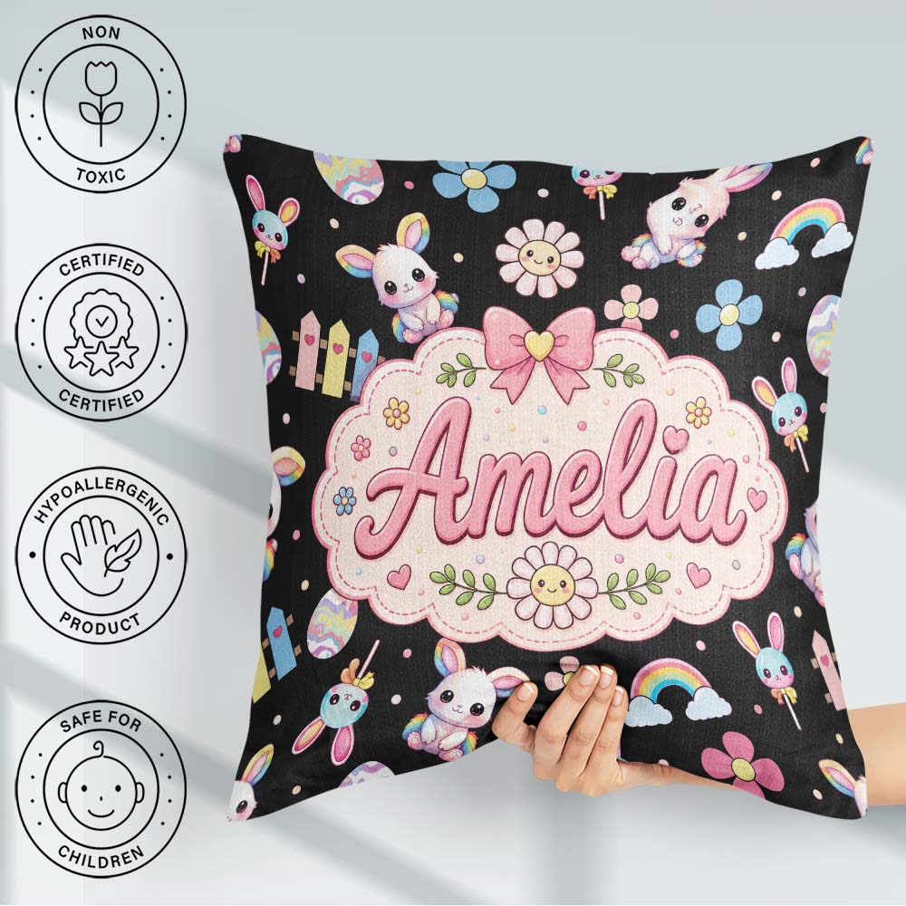 Custom Name Cute Rainbow Bunny Flowers Eggs Pastel Spring Easter Square Filled Cushion Throw Pillow Sofa Bed Home Decor Zip Washable UK Made