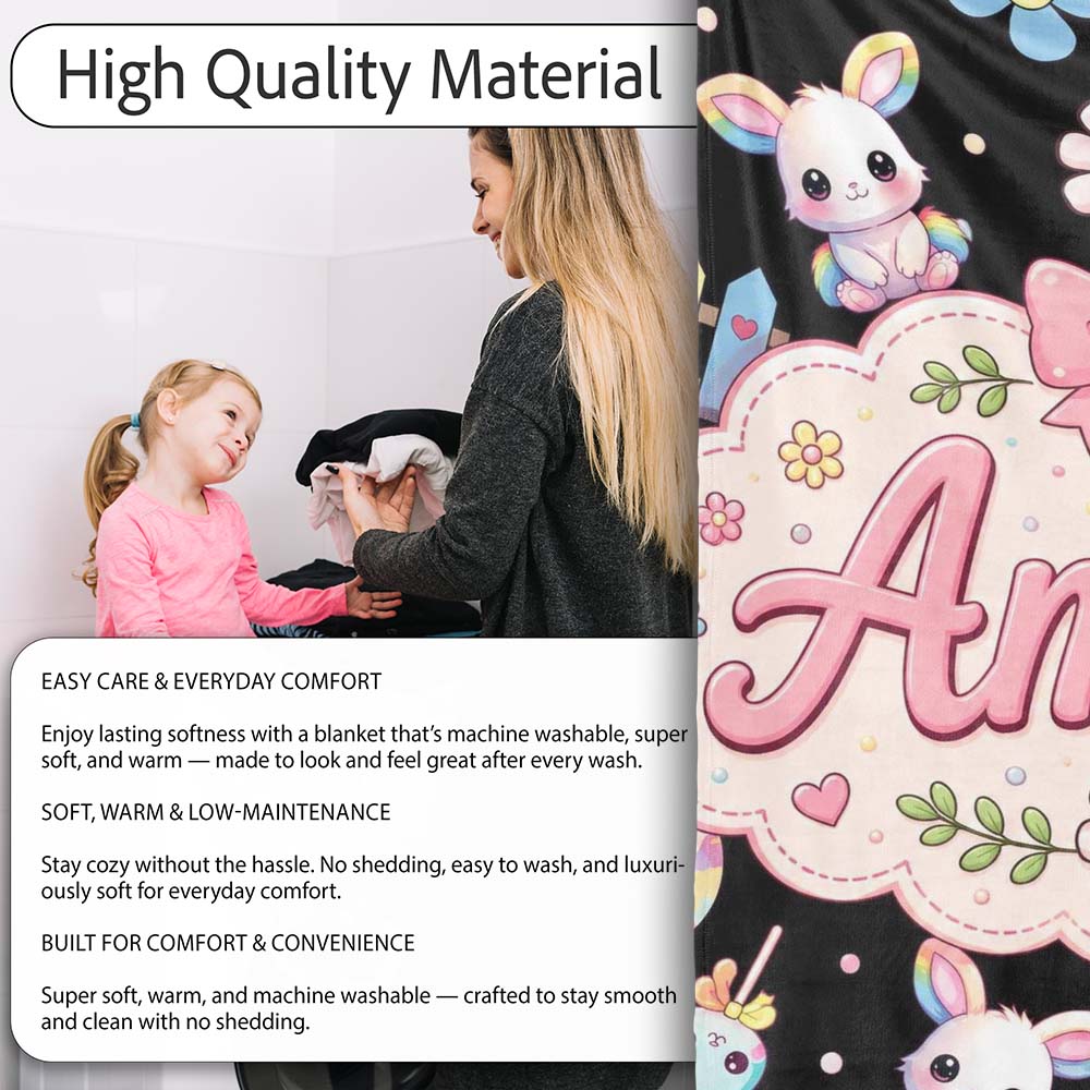 Cute Rainbow Bunny Flowers Eggs Pastel Spring Easter Seamless Personalised Custom Name Super Soft Fleece Blanket Bed Sofa Throw