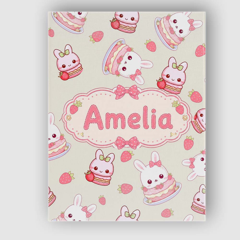 Personalised Name Cute Strawberry Bunny Custom Modern Room Accent Elegant Feature Canvas Wall Art Print Decor Picture Ready to Hang