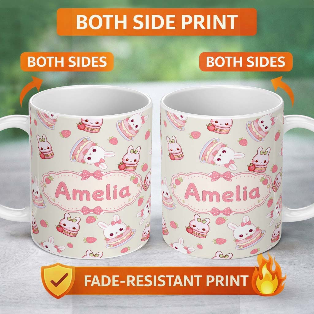 Personalized Custom Name Cute Strawberry Bunny Macaron Dessert Kawaii Cream Background 11oz Ceramic Coffee Tea Mug White Large Handle