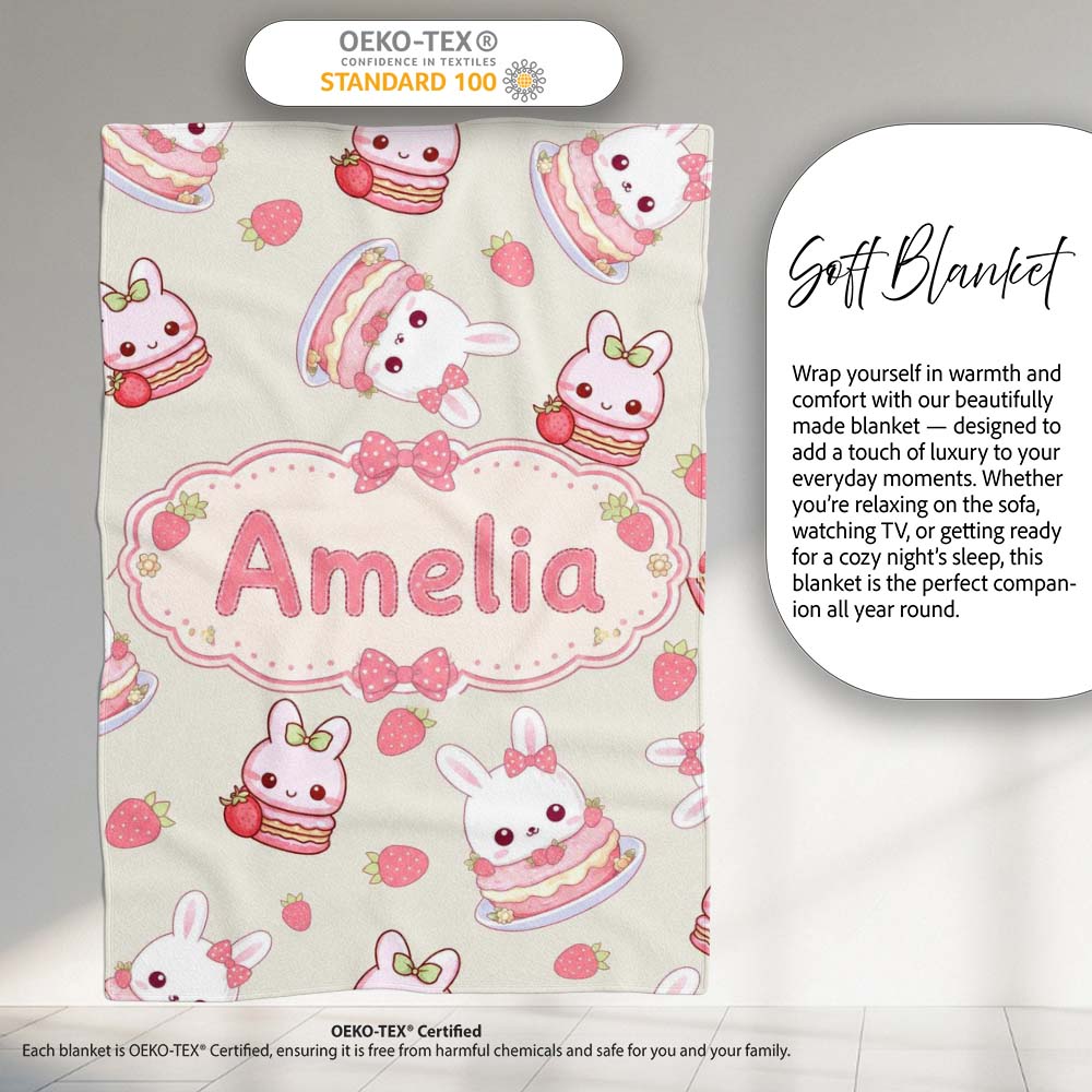 Cute Strawberry Bunny Macaron Dessert Kawaii Cream Background Personalised Custom Name Super Soft Fleece Blanket Bed Sofa Throw