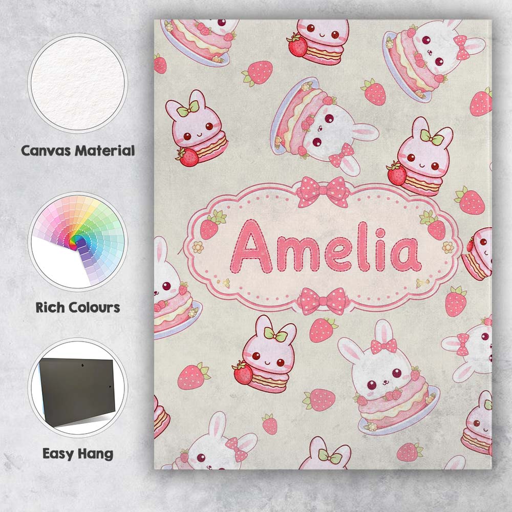 Personalised Name Cute Strawberry Bunny Custom Modern Room Accent Elegant Feature Canvas Wall Art Print Decor Picture Ready to Hang