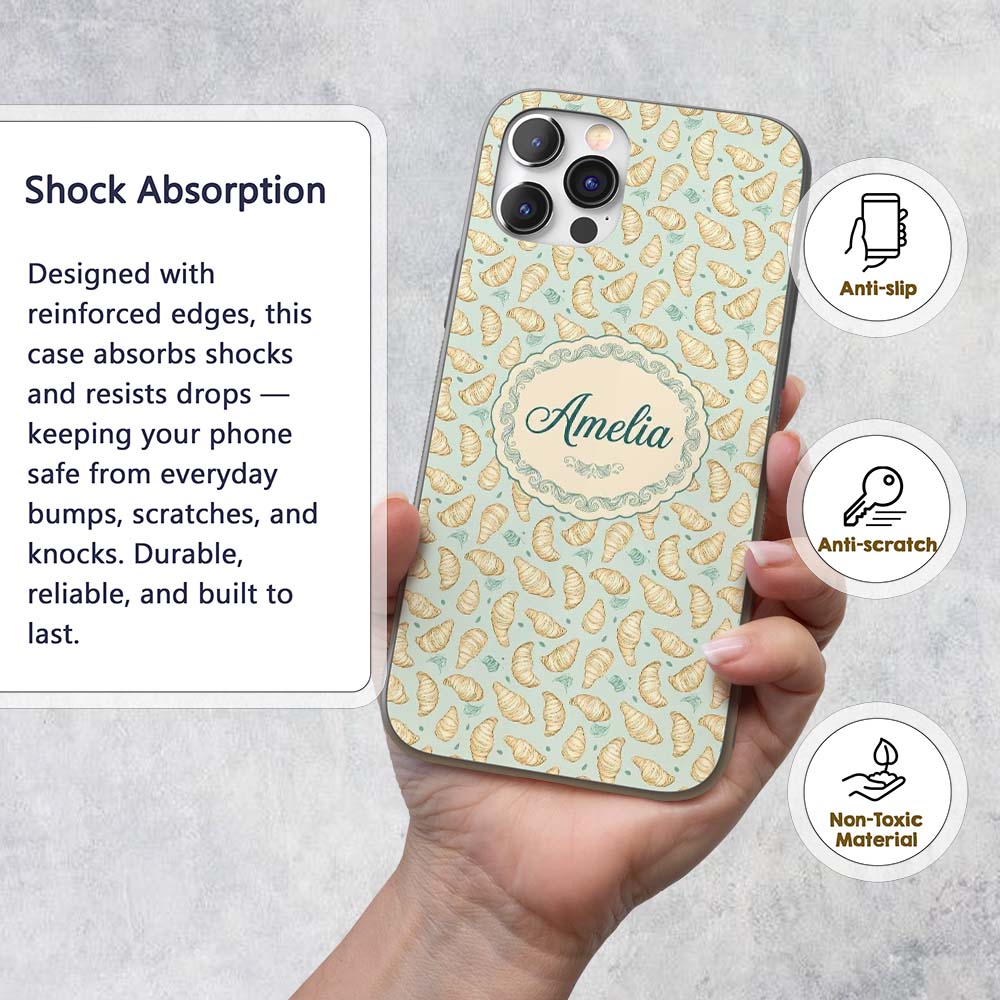 Minimal Line Art Croissant Pattern Soft Green Custom Name Protective Phone Case Mobile Cover Durable Everyday Smartphone Shock Resistant